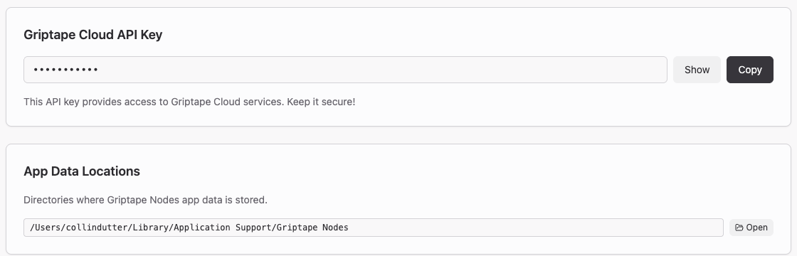 Griptape Cloud API キーとアプリデータの保存場所セクション