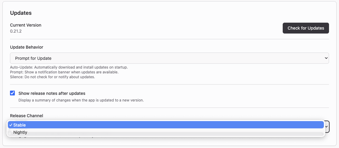 Stable と Nightly を表示するリリースチャンネルのドロップダウン