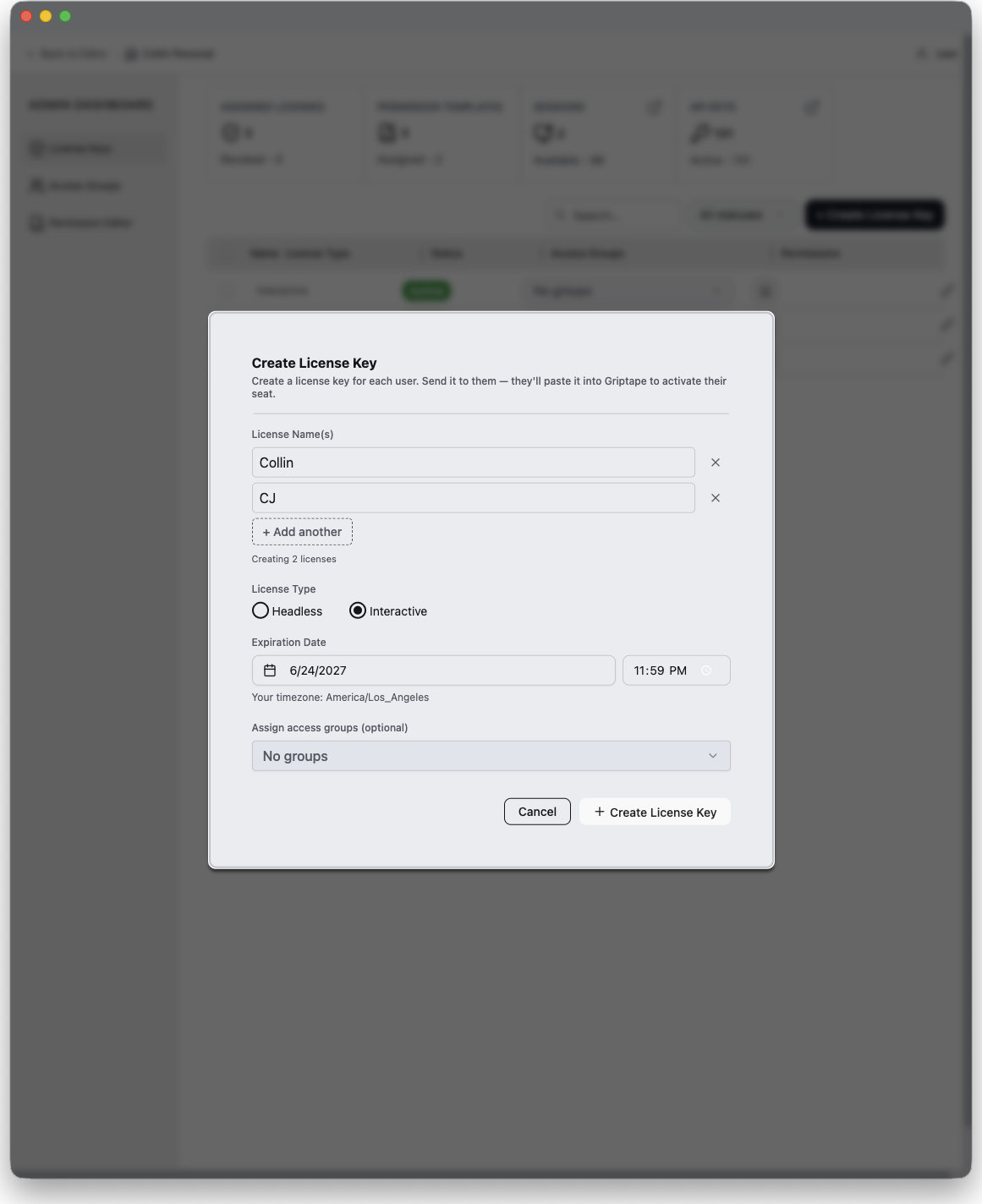 Create License Key ダイアログ
