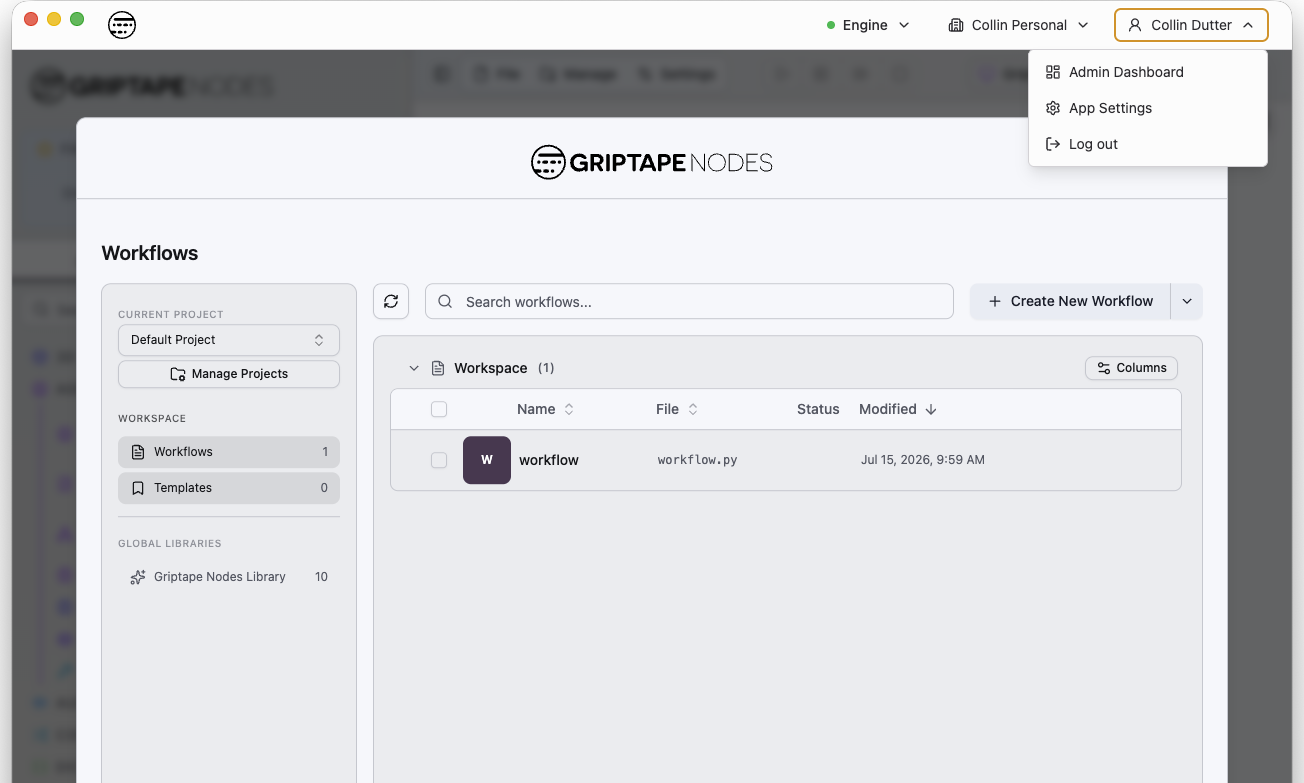 Admin Dashboard 項目があるデスクトップアプリのプロフィールメニュー
