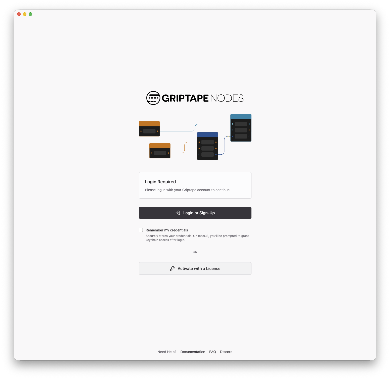 Login or Sign-Up ボタンの下に Activate with a License ボタンが表示されたログイン画面