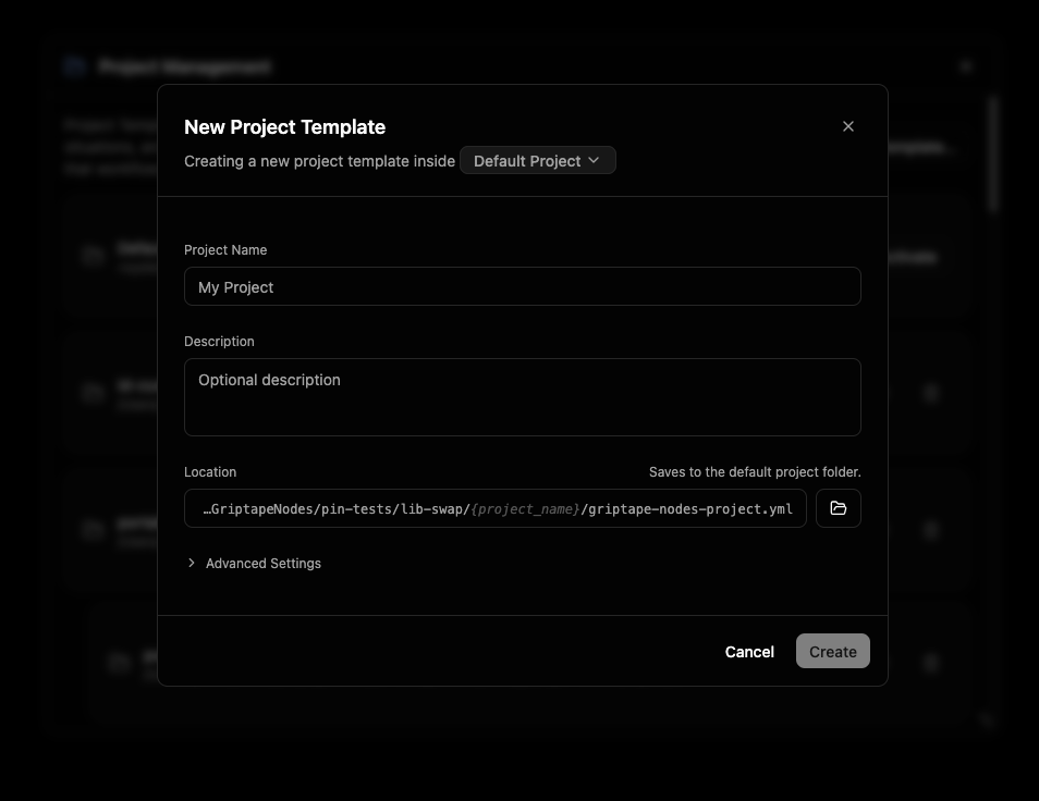 名前と説明文が入力された New Project Template ダイアログ
