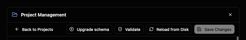 Back to Projects、Validate、Reload from Disk、Save Changes を配置した詳細ビューツールバー