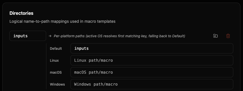 Default、Linux、macOS、Windows のパス入力欄に展開されたディレクトリ