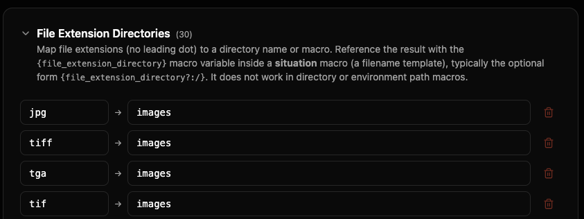 拡張子からフォルダへのマッピングを表示する展開された File Extension Directories セクション