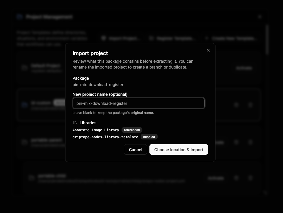 パッケージ内容、名前変更フィールド、バンドルライブラリ、必要なシークレットを表示する Import project ダイアログ