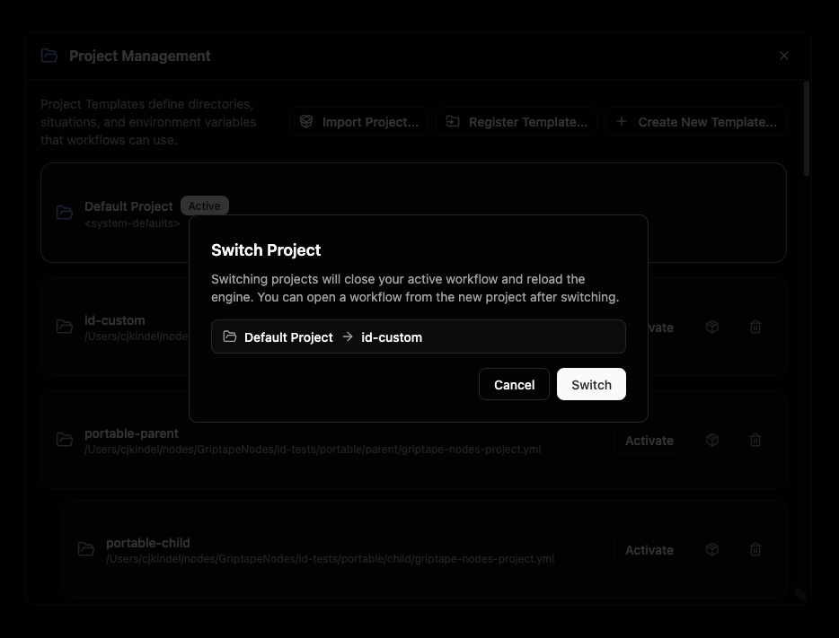 移動元と移動先のプロジェクトを示す Switch Project 確認ダイアログ