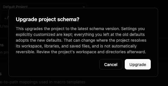 アップグレードが破壊的変更であることを警告する Upgrade schema 確認ダイアログ