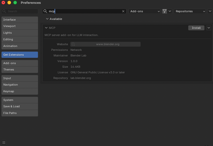 Get Extensions 内の Blender MCP エクステンション