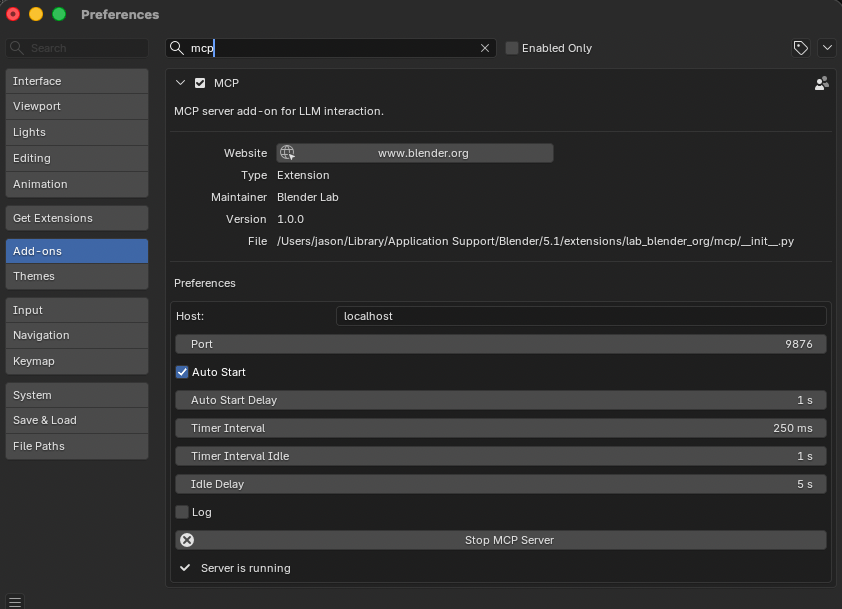 Blender MCP サーバーの稼働画面